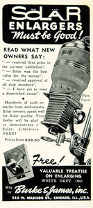 1941 Ad Solar Enlargers Photography Burke James Film YNM2