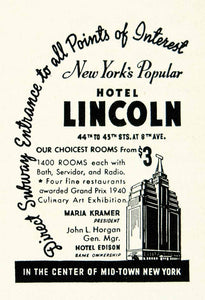 1941 Ad New York Hotel Lincoln Manhattan Mid-Town Popular Subway City YNM2