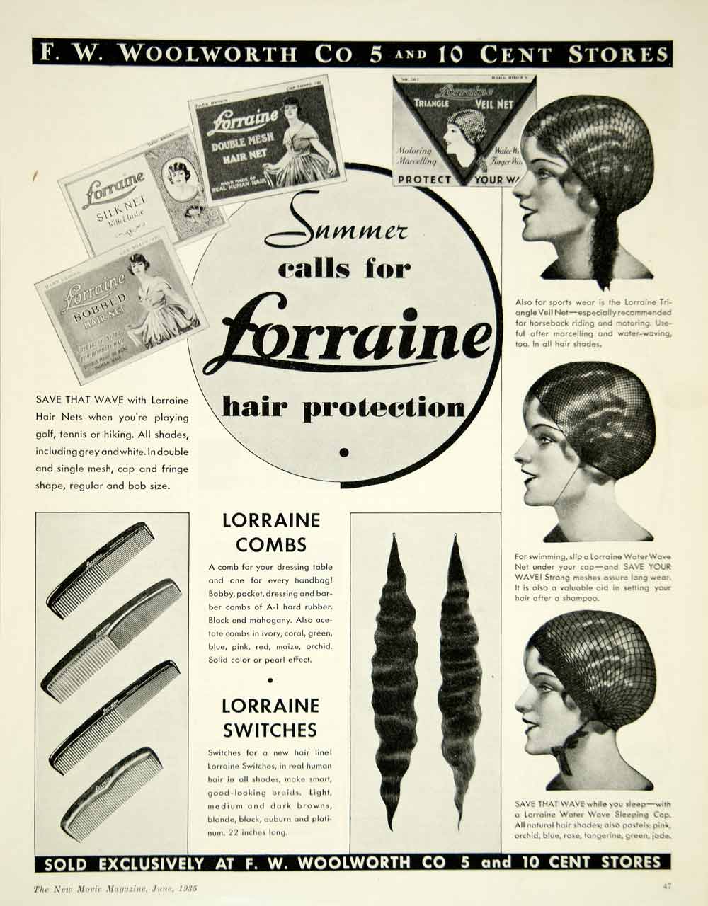 1935 Ad Vintage Hair Net Switches Comb Sleeping Cap F W Woolworth 5 & 10 YNM3