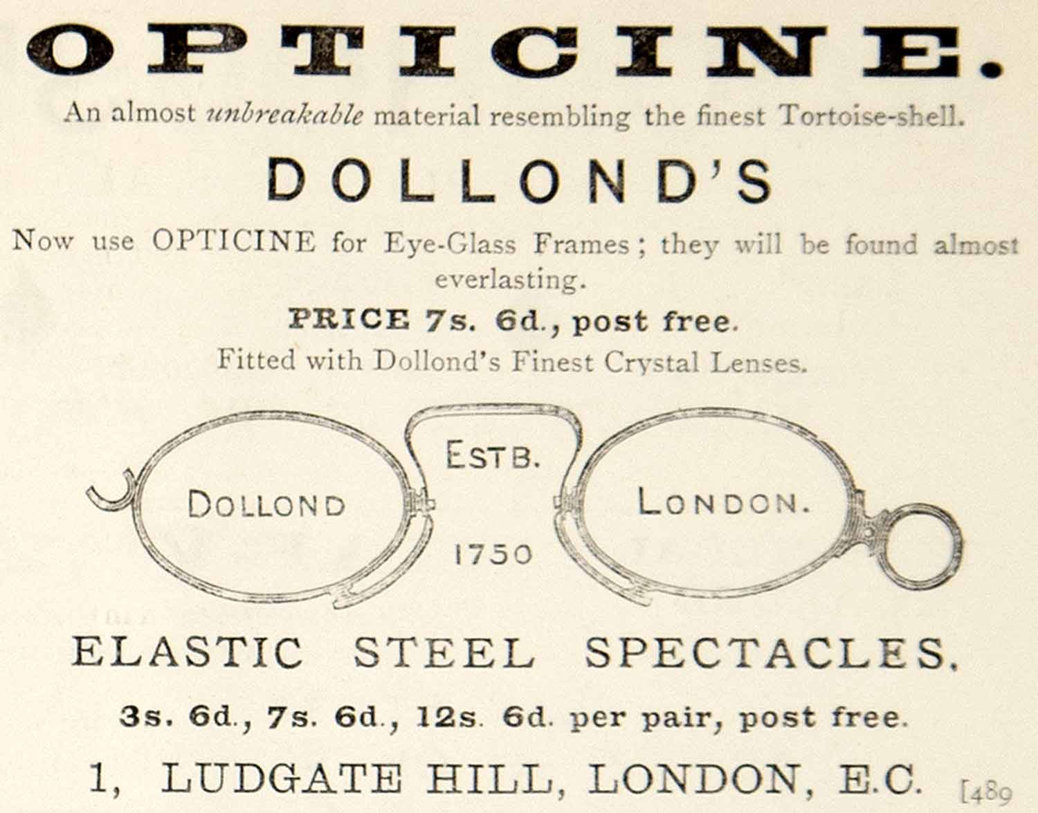 1885 Ad Dollonds Opticine Eyeglasses Spectacles Frame London Victorian Era YNM4