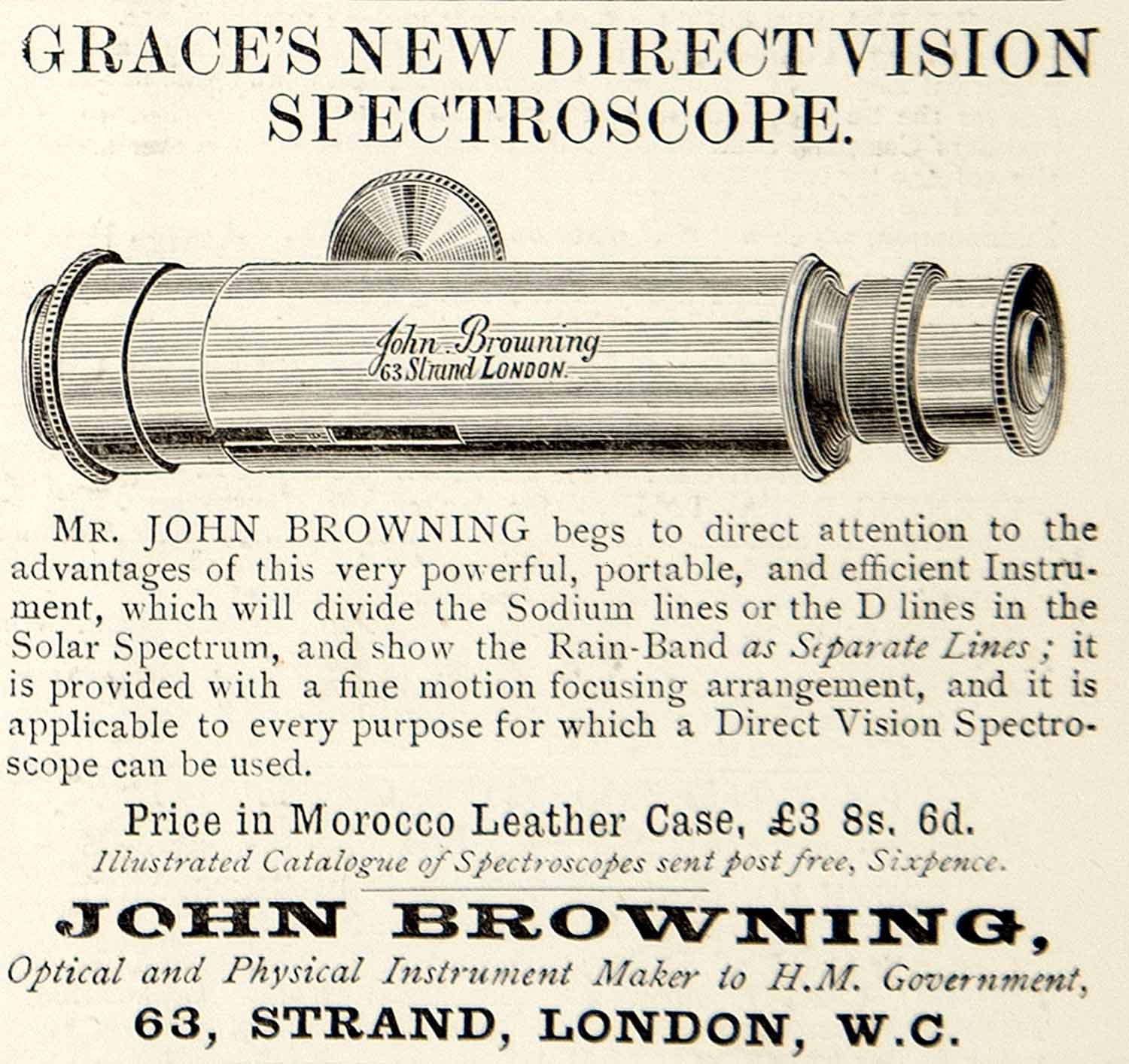 1885 Ad John Browning Spectroscope Science Astronomy Chemistry Victorian YNM4
