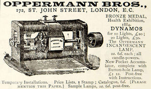 1885 Ad Oppermann Bros Dynamo Electric Generator 1884 Health Exhibition YNM4