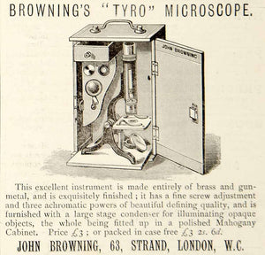 1885 Ad John Browning Tyro Microscope Science Lab Instrument London England YNM4