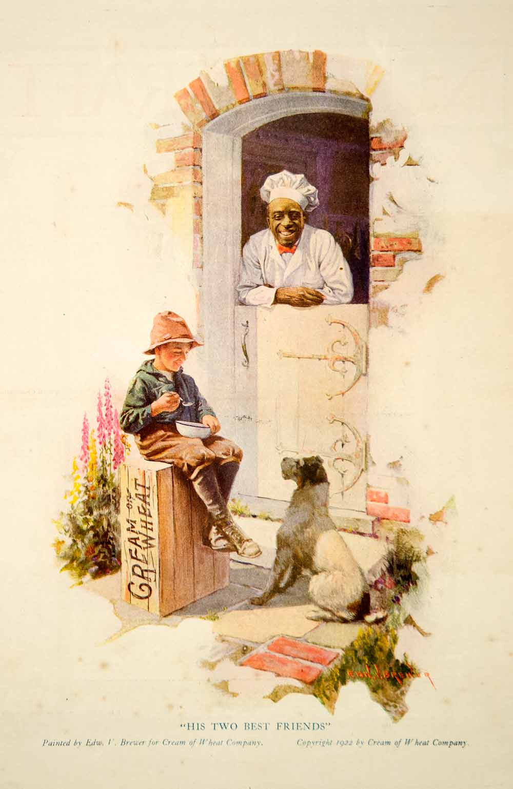 1922 Ad Cream of Wheat Chef Rastus Boy Eating Cereal Dog Edward V. Brewer YNM6