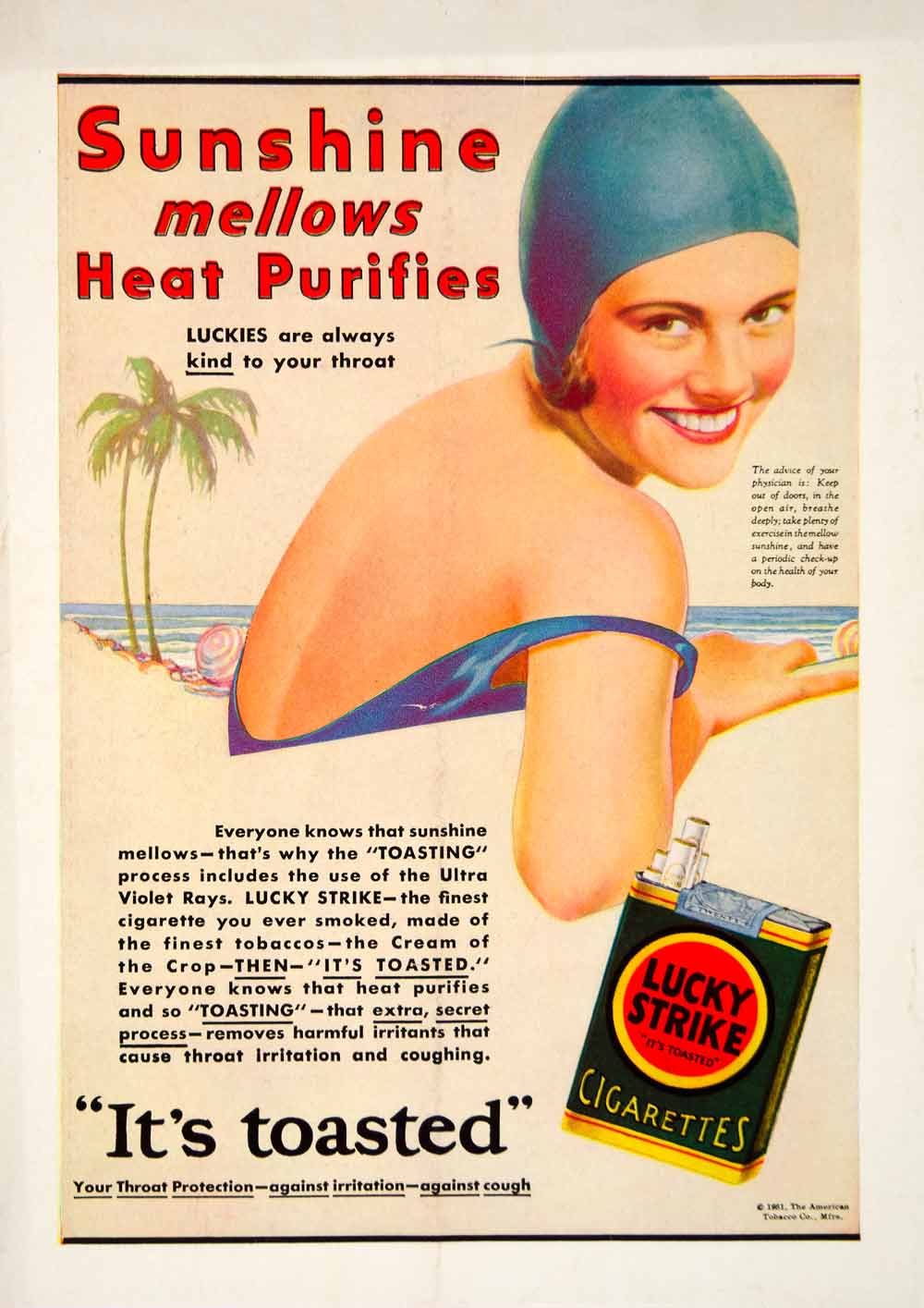 1931 Ad Lucky Strike Cigarettes Tobacco Smoking Sunshine Woman Bathing Suit YNS1