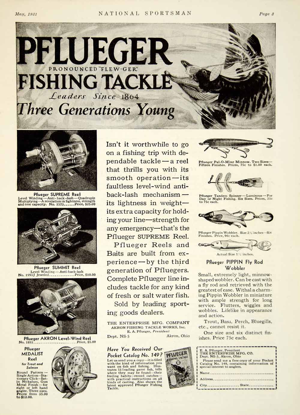 1931 Ad Pflueger Fishing Tackle Supreme Reel Tandem Spinner Lure Fly Rod YNS1