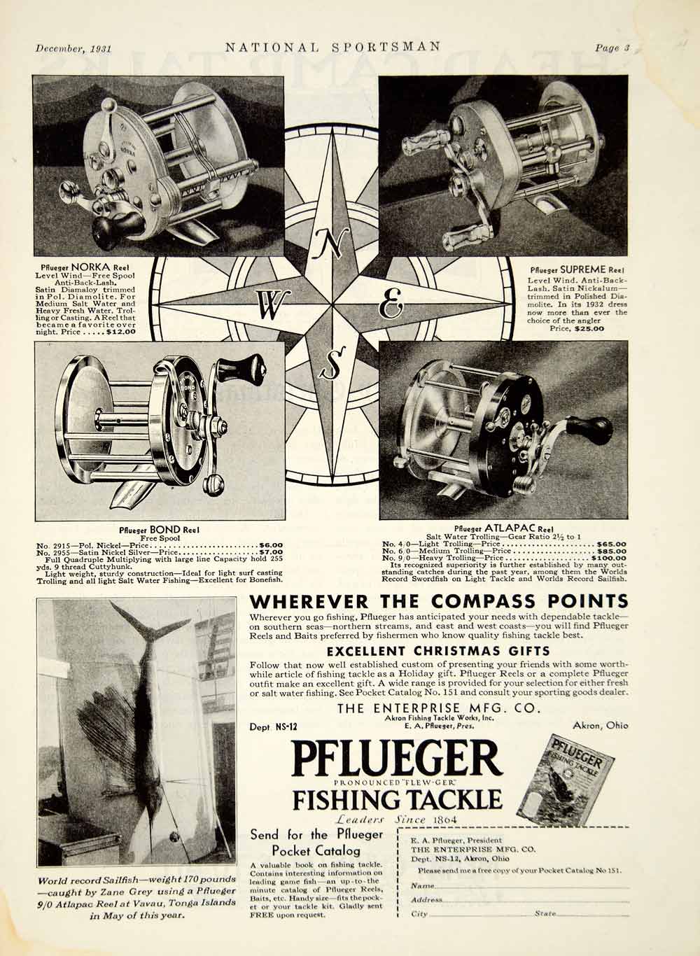 antique pflueger fishing reels 1931 Ad Pflueger Fishing Tackle Norka Supreme Bond Atlapac Reel Sailfi – Period Paper Historic Art LLC