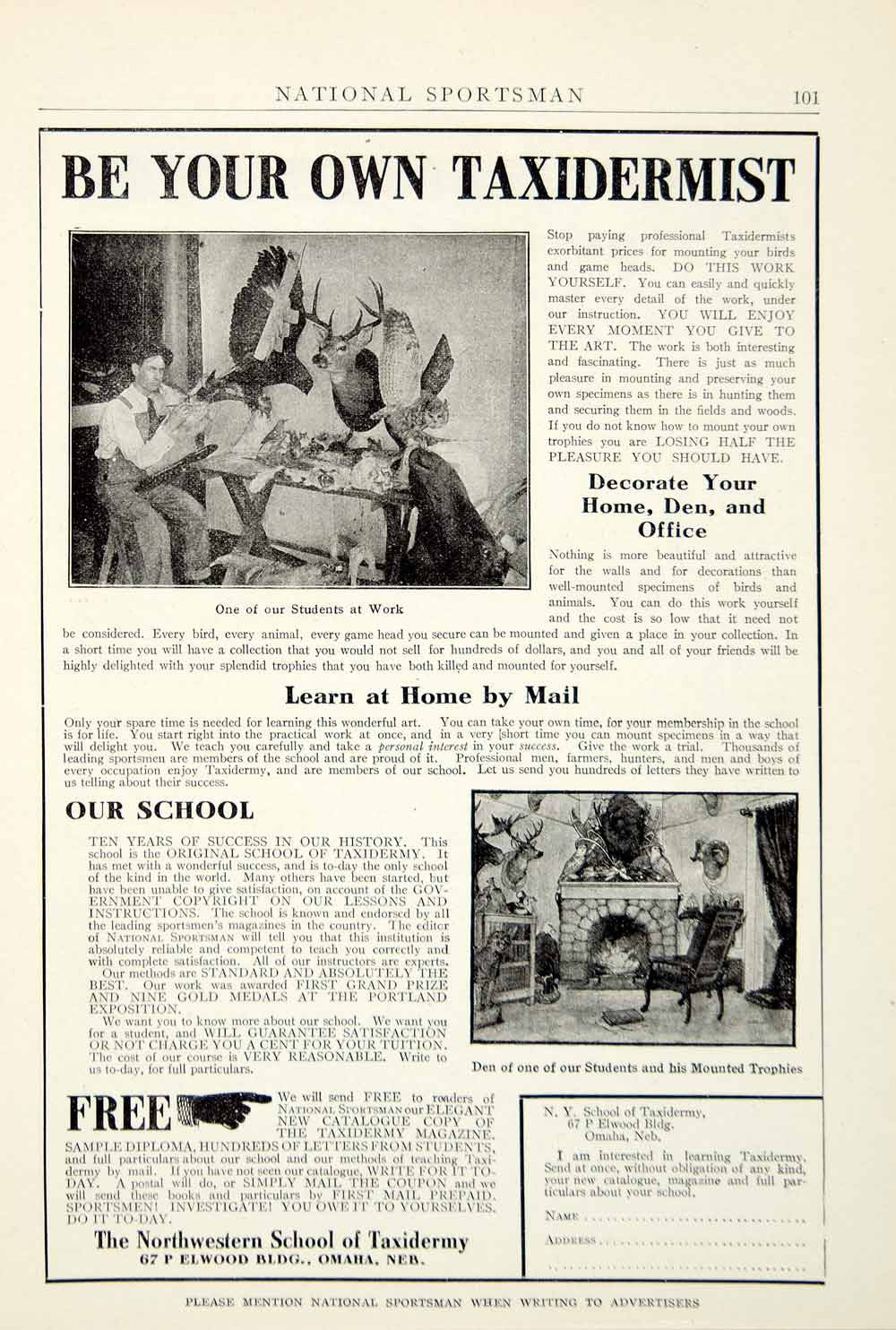1912 Ad Sportsman Northwestern School Taxidermy 67 P Elwood Bldg Omaha NE YNS1 - Period Paper
 - 2
