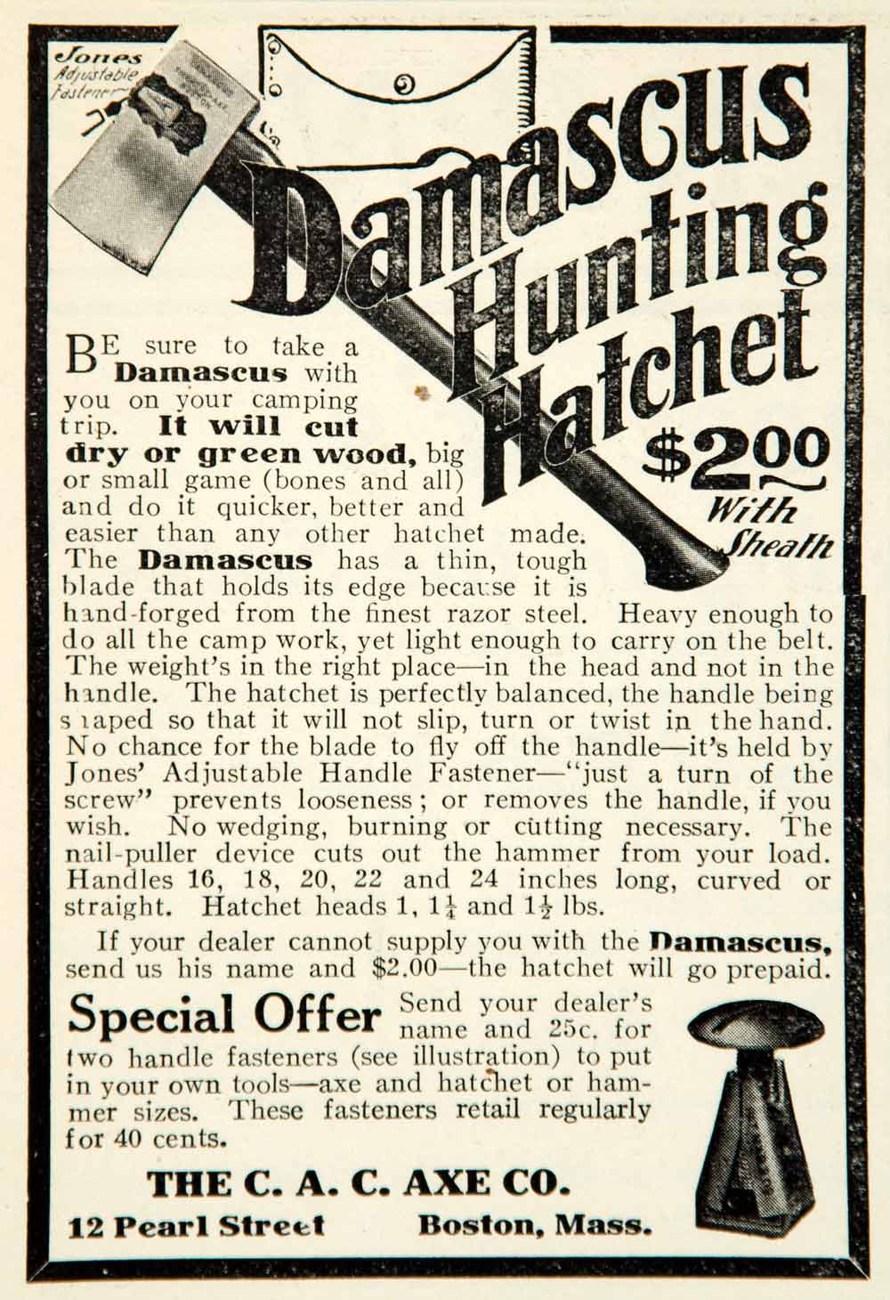 1910 Ad Damascus Hunting Hatchet 12 Pearl St Boston MA Jones Adjustable YNS1