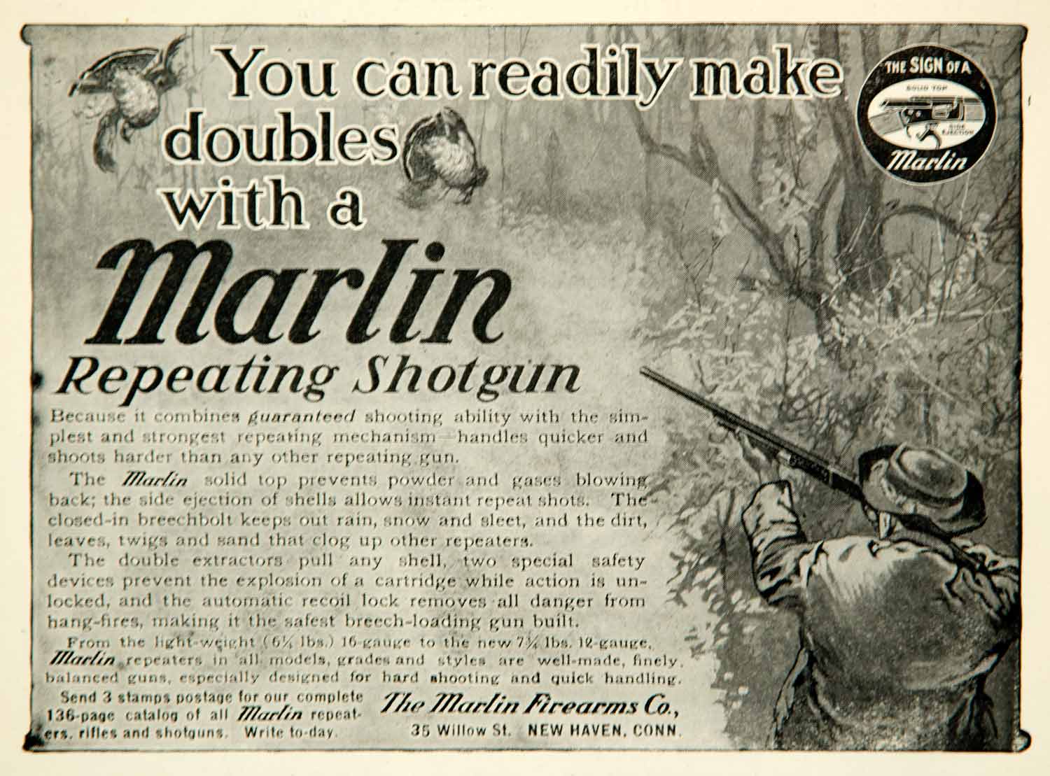 1910 Ad Marlin Double Barrel Repeater Shotgun 16 Gauge 35 Willow St New YNS1