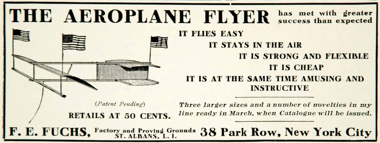 1910 Ad Aeroplane Flyer Model Toy FE Fuchs 38 Park Row New York American YNS1