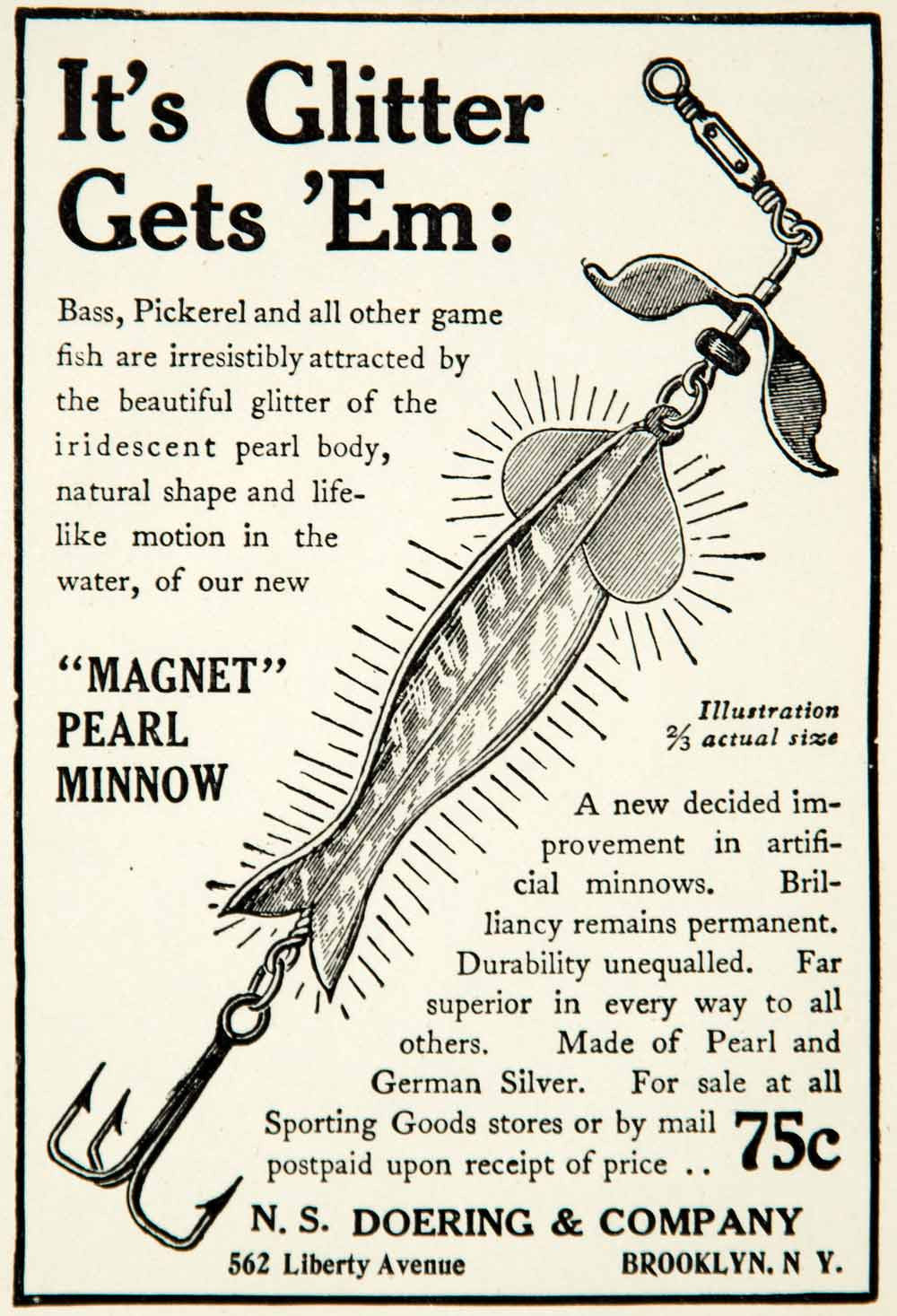 1910 Ad Magnet Pearl Minnow NS Doering 562 Liberty Ave Brooklyn NY Fishing YNS1 - Period Paper
