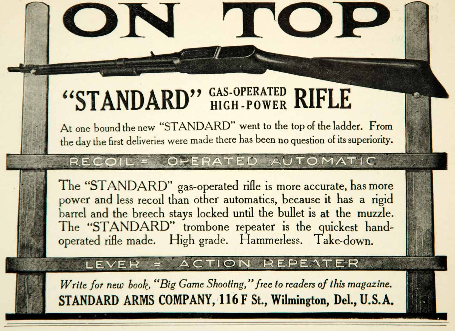 1910 Ad Standard Gas Operated High Power Repeater Rifle 116 F St Wilmington YNS1