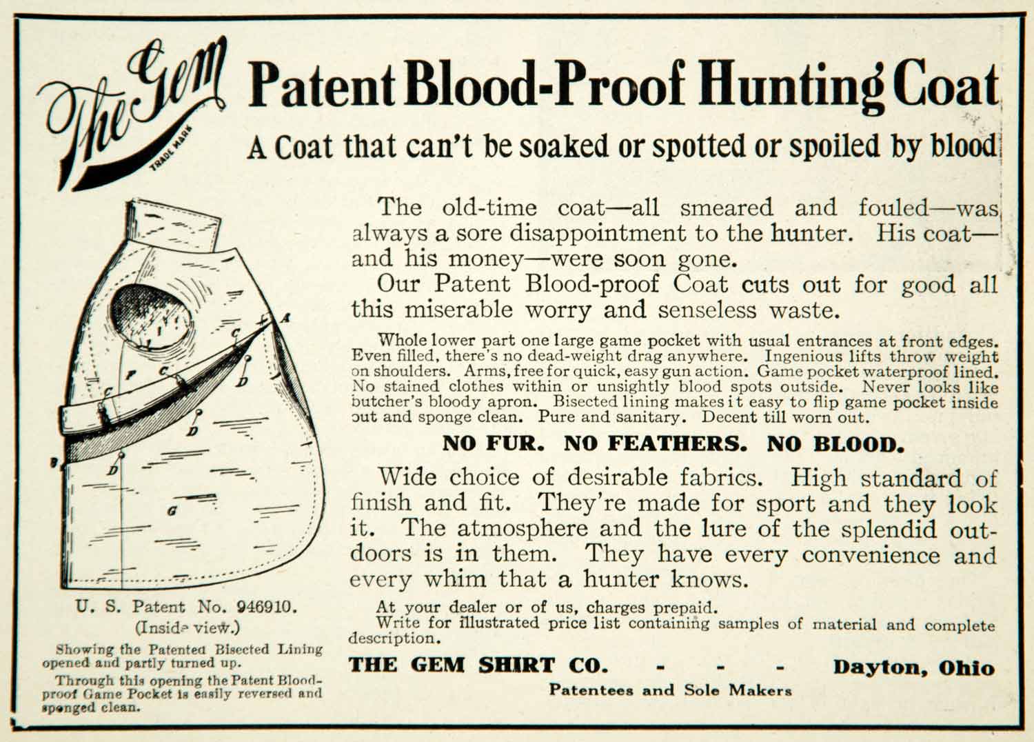 1912 Ad Gem Hunting Coat Blood Proof Fabric Outdoor Clothing Sportsman YNS1