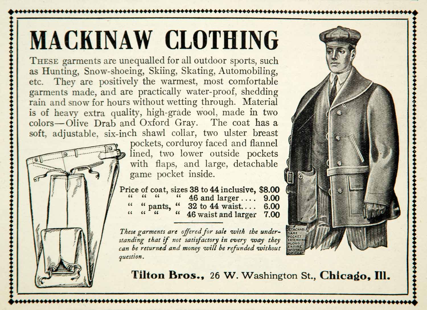 1912 Ad Mackinaw Clothing Tilton Bros 26 W Washington St Chicago IL Outdoor  YNS1