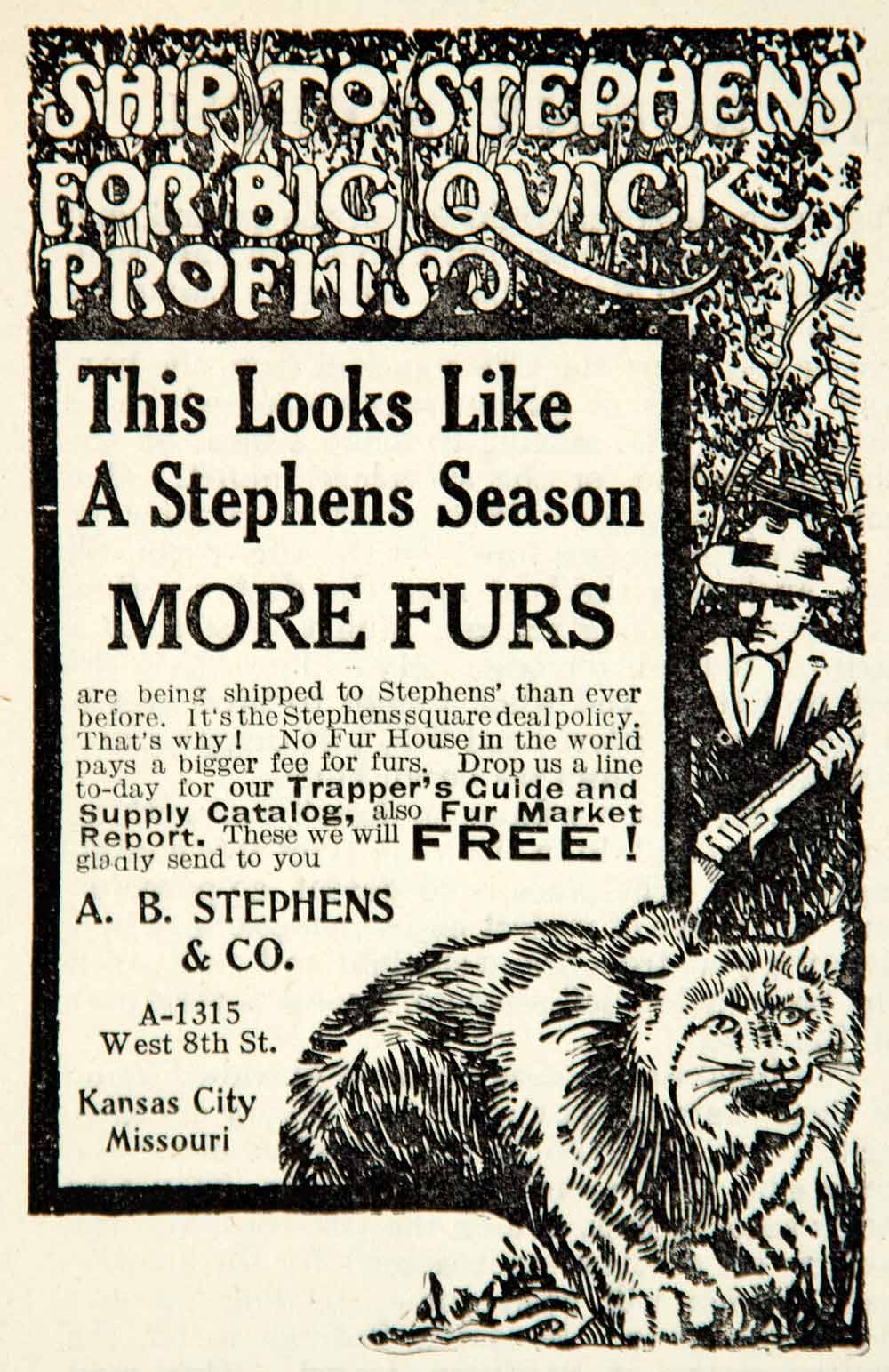1912 Ad AB Stephens Fur Trapping Hunt 1315 W 8th St Kansas City MO Gun YNS1