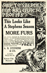 1912 Ad AB Stephens Fur Trapping Hunt 1315 W 8th St Kansas City MO Gun YNS1