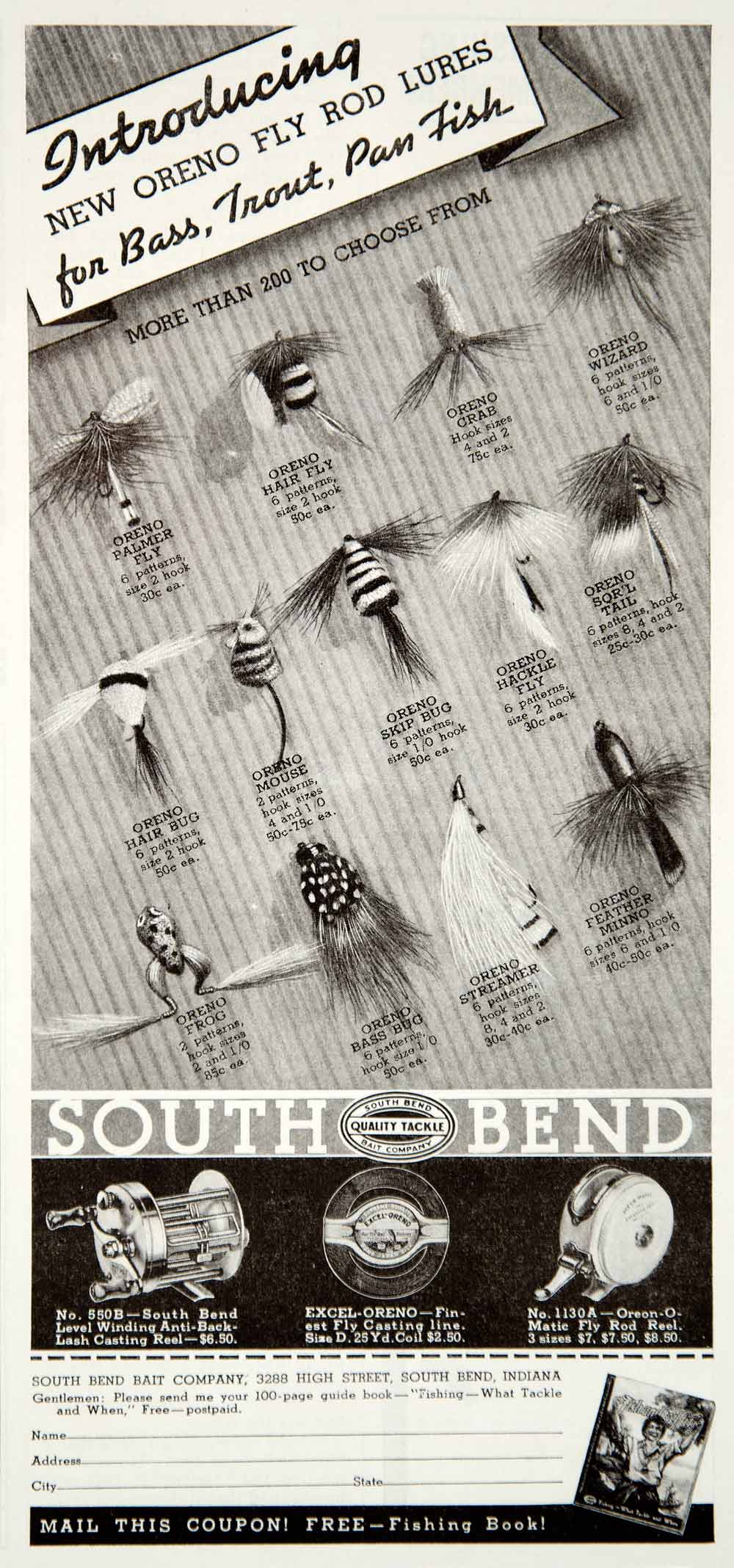 1936 Ad South Bend Fly Fishing Bait Tackle Rod Lures Oreno 3288 High St YNS1