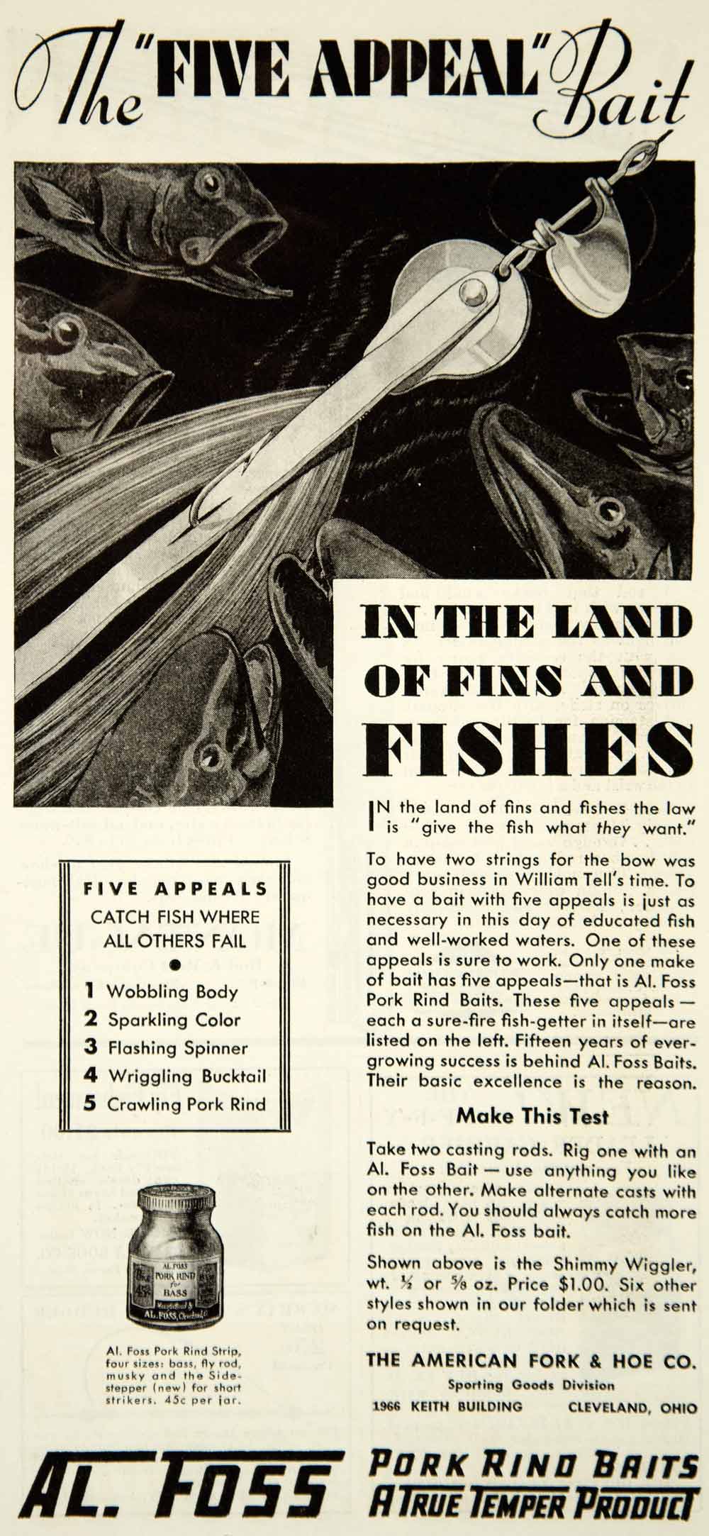 1931 Ad Five Appeal Bait Al Foss Pork Rind Fishing 1966 Keith Bldg YNS1
