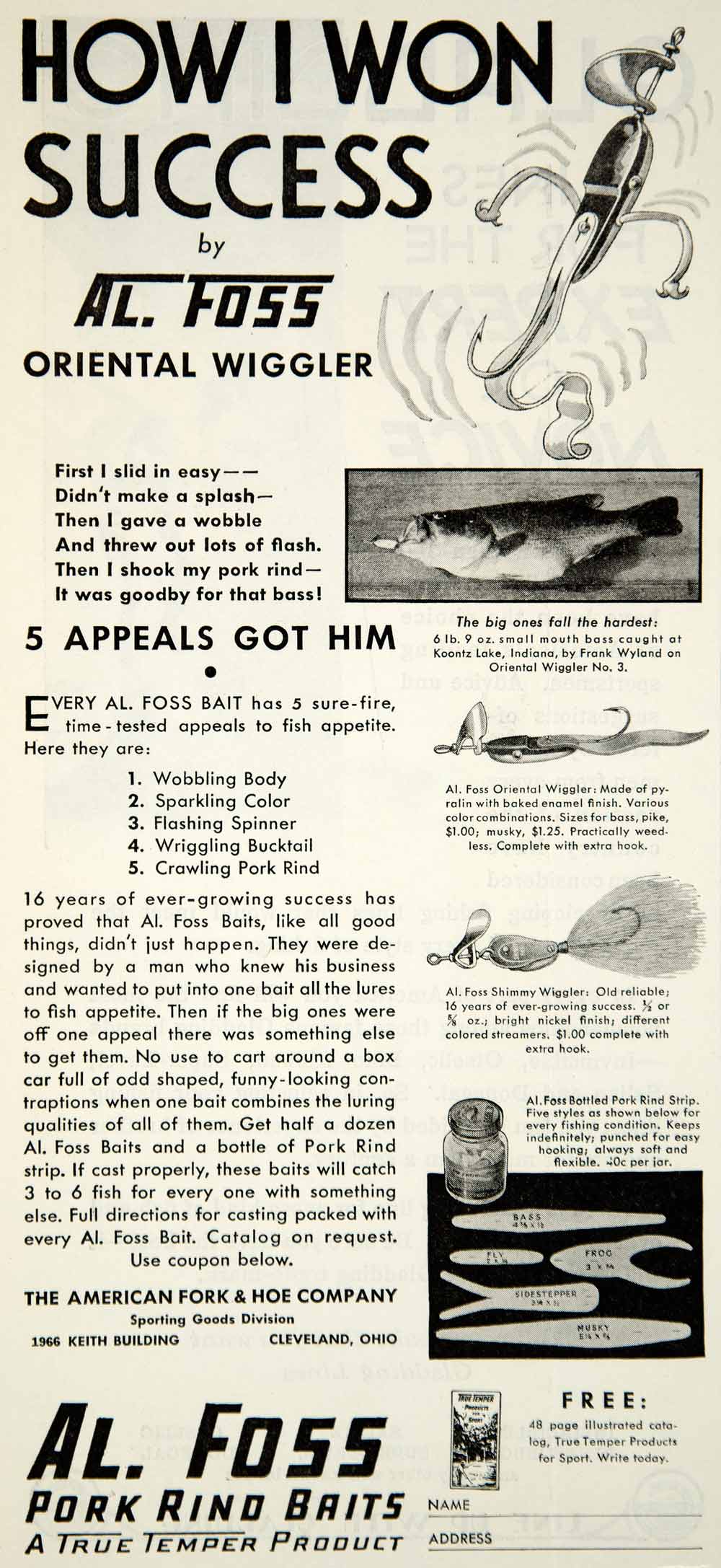 al foss fish lures 1932 Ad Al Foss Oriental Wiggler Lure True Temper 1966 Keith Bldg Clev –  Period Paper Historic Art LLC