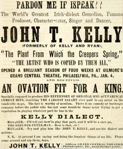 1886 Antique Ad John T Kelly Vaudeville Irish Dialect Comedian Actor Dancer YNY1