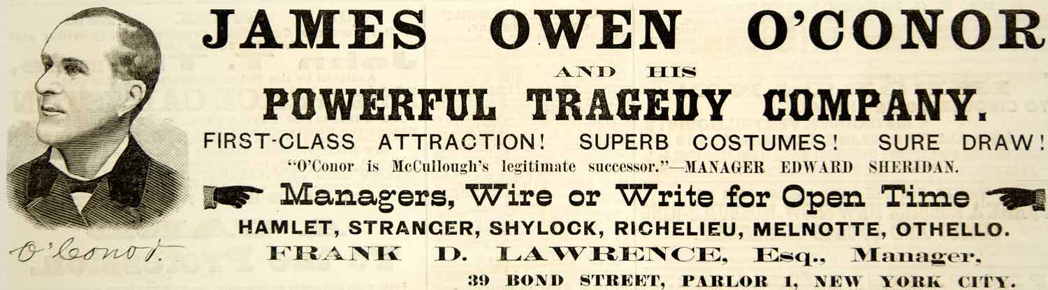 1886 Ad Antique James Owen O'Conor Actor Shakespeare Tragedy Theatre Stage YNY1