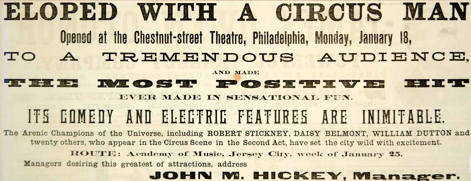 1886 Booking Ad Eloped with a Circus Man Theatre Stage Play Robert Stickney YNY1