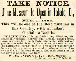 1886 Ad Dime Museum Toledo 98 Summit St. Entertainment Freaks Curiosities YNY1