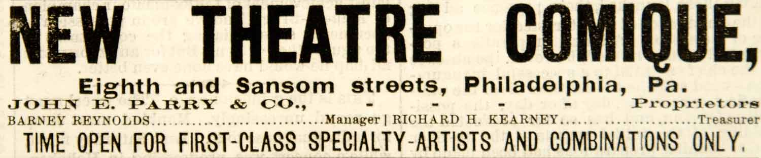 1886 Ad Theatre Comique Barney Reynolds Vaudeville Theatrical Philadelphia YNY1