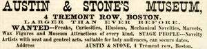 1886 Ad Austin & Stones Dime Museum Boston Freak Show Entertainment Theatre YNY1