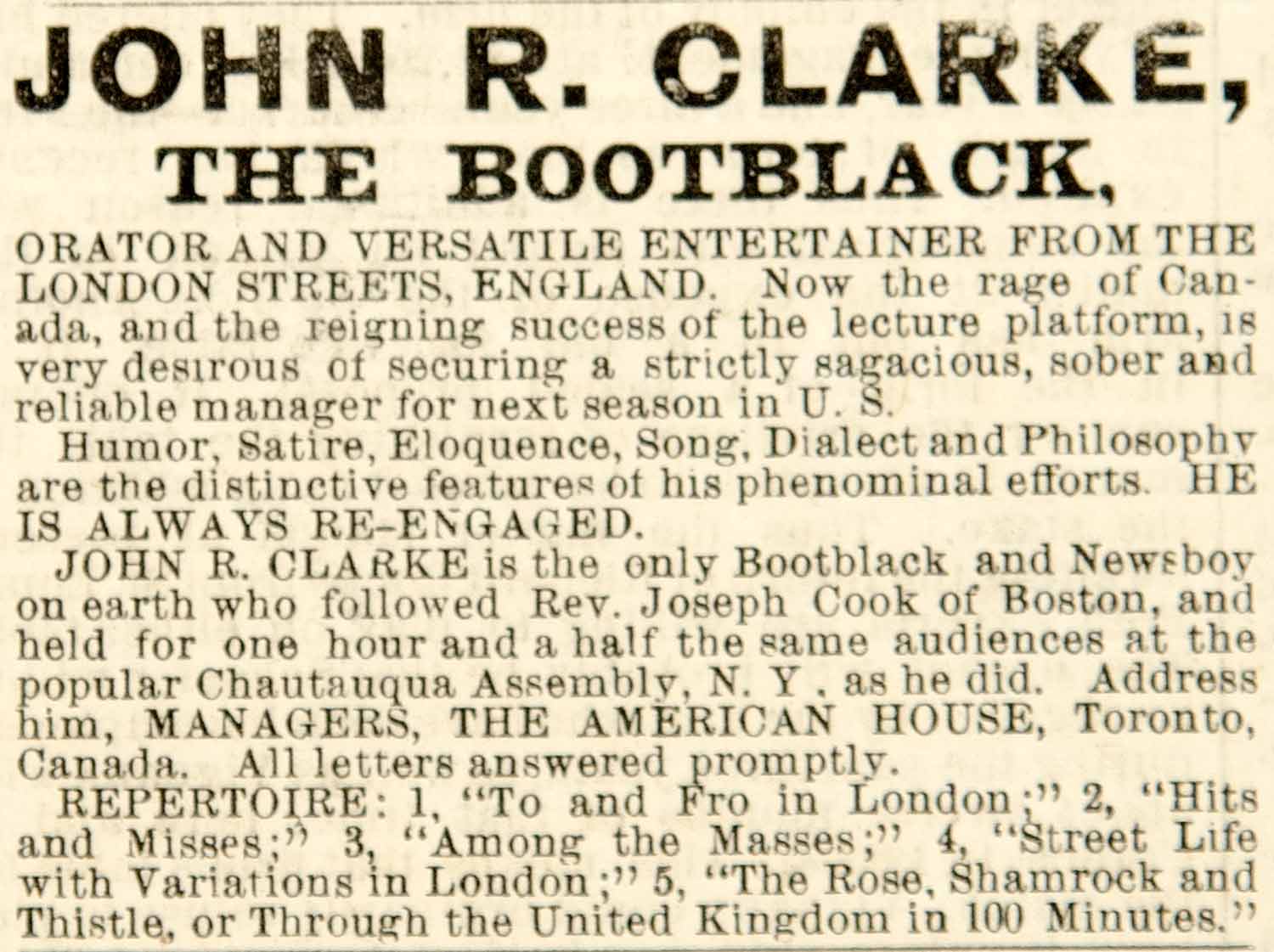 1886 Ad John R. Clarke Bootblack Orator Newsboy Vaudeville Entertainer Act YNY1