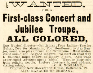 1886 Ad Antique Black Americana Colored Performers Concert Jubilee Troupe YNY1