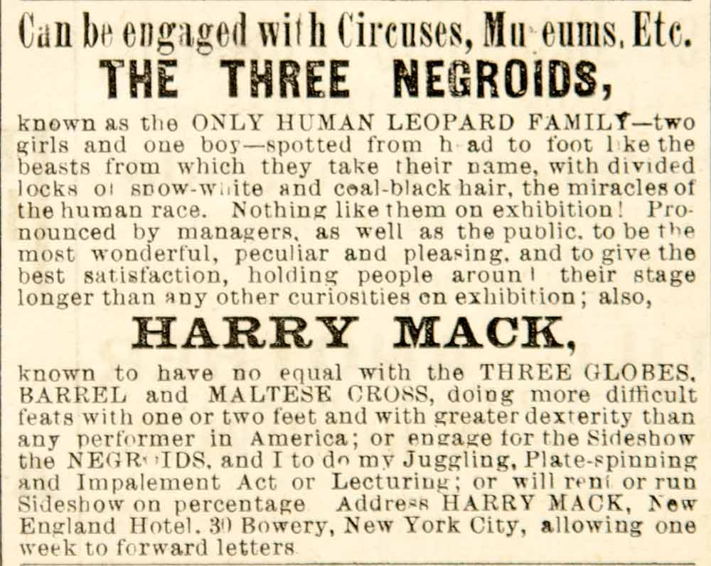 1887 Ad Vaudeville Circus Sideshow Freak Show Act Three Negroids Harry Mack YNY1