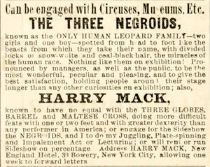 1887 Ad Vaudeville Circus Sideshow Freak Show Act Three Negroids Harry Mack YNY1