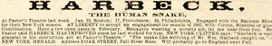 1887 Ad Harbeck Human Snake Contortionist Freak Show Circus Vaudeville Act YNY1