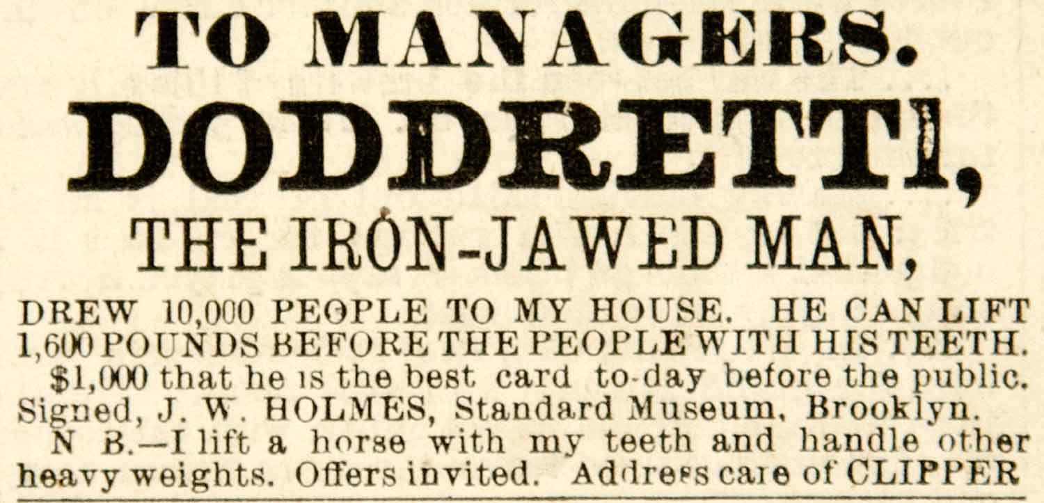 1887 Booking Ad Doddretti Circus Strongman Dime Museum Freak Show Sideshow YNY1