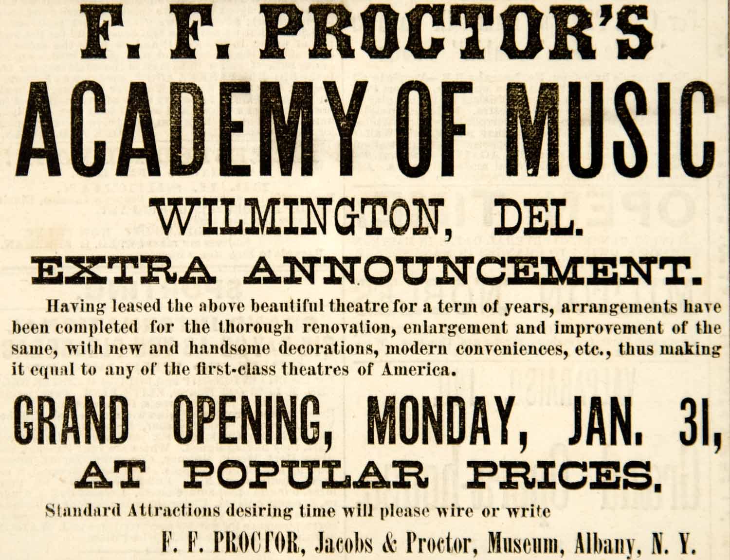 1887 Ad F. F. Proctor's Academy of Music Wilmington DE Vaudeville Theatre YNY1