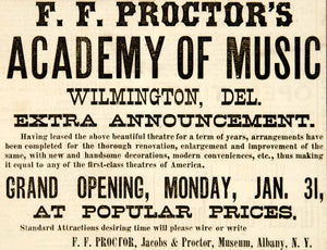 1887 Ad F. F. Proctor's Academy of Music Wilmington DE Vaudeville Theatre YNY1