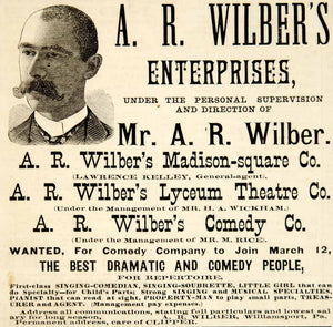 1887 Ad A. R. Wilber Enterprises Lyceum Theatre Company Comedy Vaudeville YNY1
