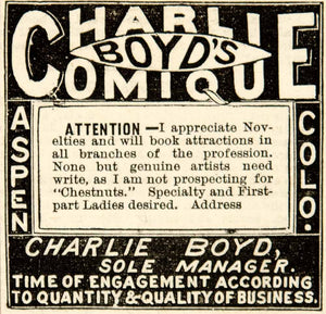 1887 Antique Ad Charlie Boyd's Comique Aspen Colorado Vaudeville Theatre YNY1