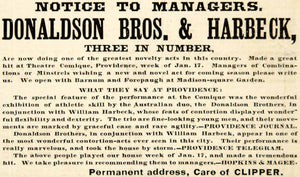1887 Booking Ad Donaldson Brothers William Harbeck Contortionist Vaudeville YNY1