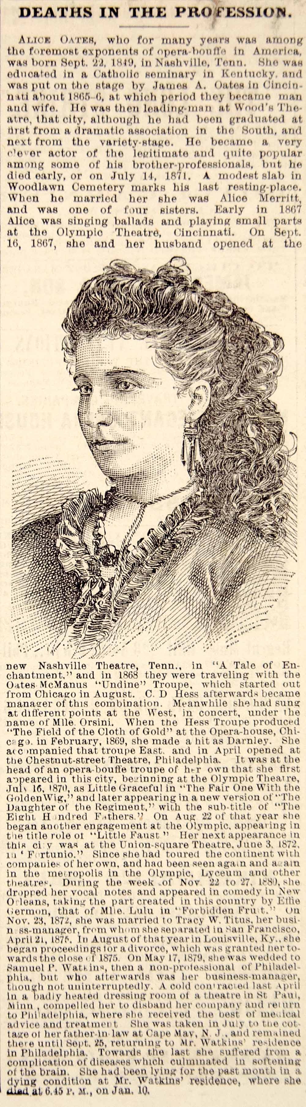 1887 Engraving Alice Merritt Oates Obituary Opera Singer Actress Nashville YNY1