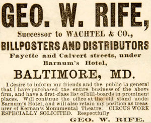 1886 Ad Antique Geo W Rife Circus Billboard Poster Advertising Baltimore MD YNY1