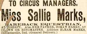 1886 Ad Miss Sallie Marks Circus Act Bareback Equestrian Horse Rider Hiram YNY1