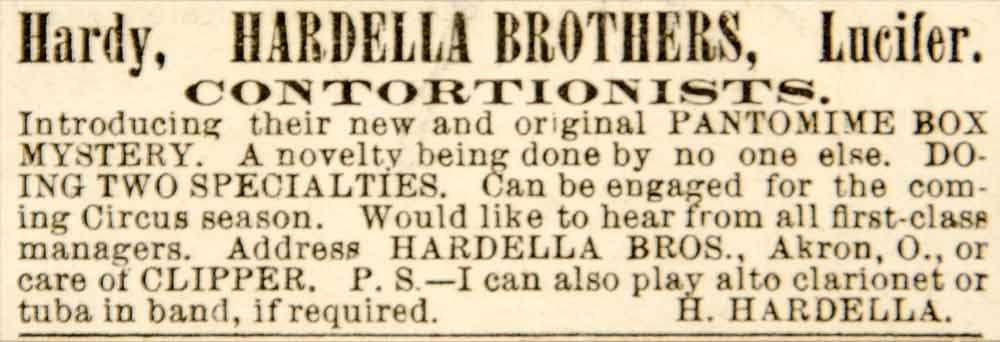 1886 Ad Antique Hardy Lucifer Hardella Brothers Contortionists Circus Act YNY1
