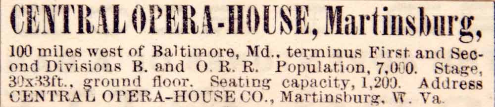 1886 Ad Central Opera House Martinsburg West Virginia Vaudeville Theatre YNY1