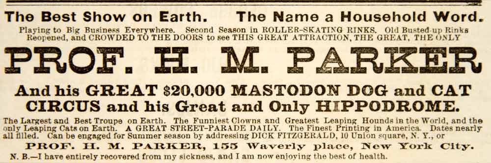 1886 Ad Prof. H. M. Parker Mastodon Dog Cat Circus Hippodrome Show Clowns YNY1