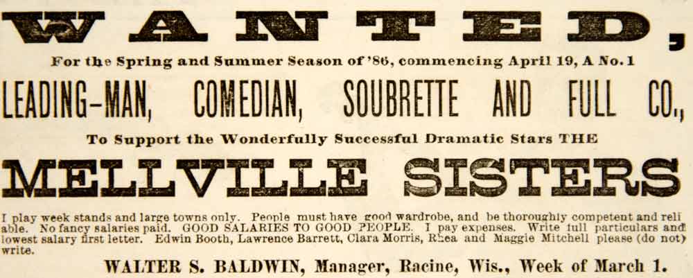 1886 Ad Mitchell Sisters Vaudeville Performers Edwin Booth Walter S Baldwin YNY1