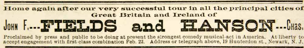 1886 Ad Vaudeville Musical Comedy Act John F. Fields Chas. Hanson Newark NJ YNY1