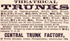 1886 Ad Antique Theatrical Trunks Central Trunk Company Philadelphia Prices YNY1
